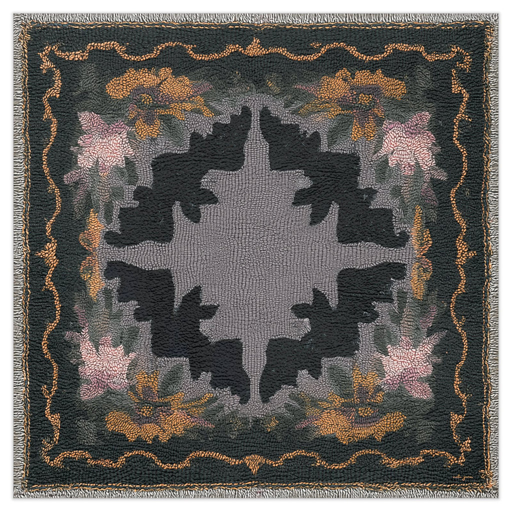 Noli June 'Sue Dabbled in Spellwork' luxury mahjong mat — inky ground with blush and plum blooms and a scalloped edge