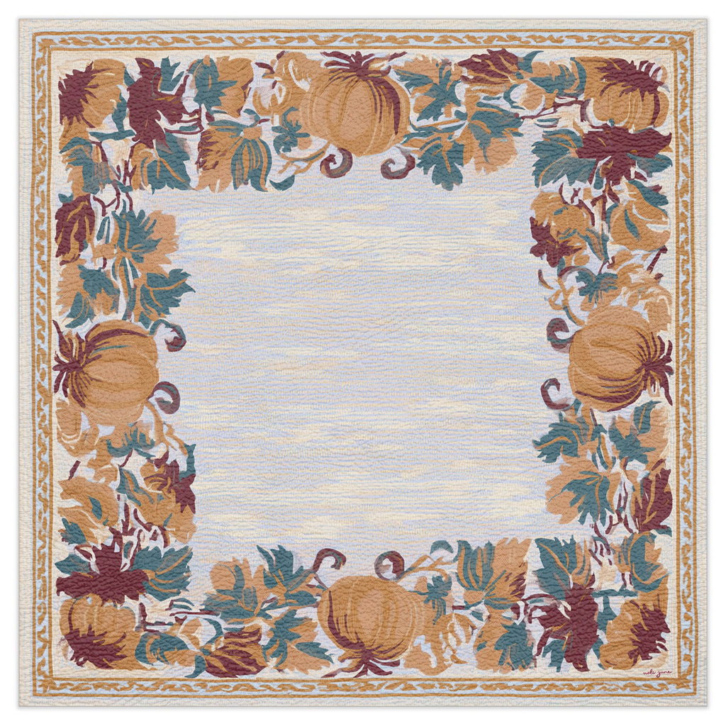 Noli June 'Harriet Got Lost in the Corn Maze' luxury mahjong mat — periwinkle with golden pumpkins and an autumn-leaf border