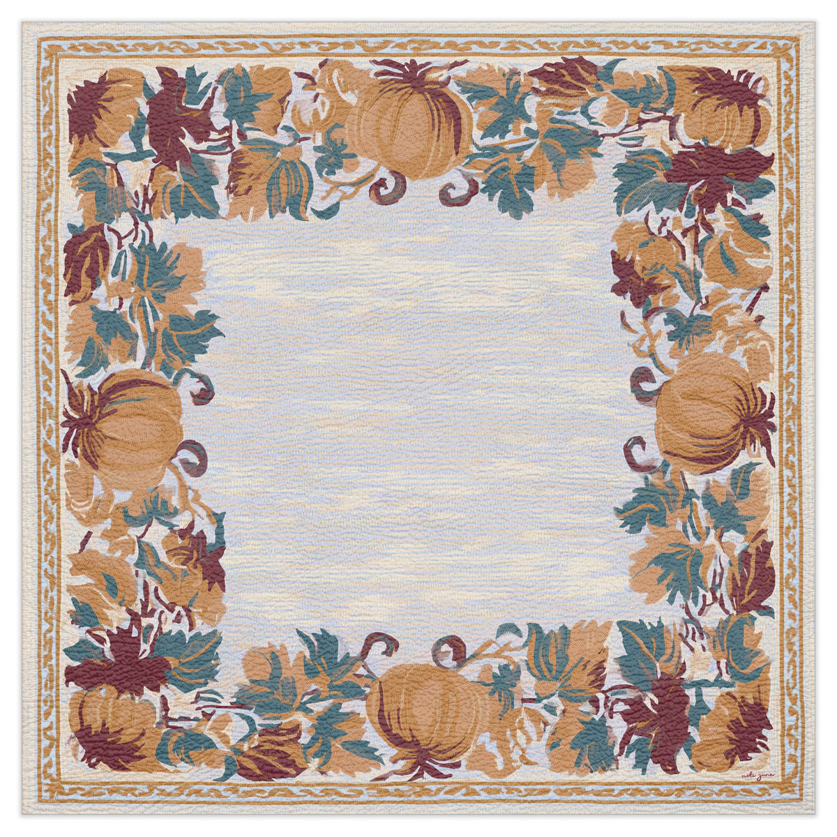 Noli June 'Harriet Got Lost in the Corn Maze' luxury mahjong mat — periwinkle with golden pumpkins and an autumn-leaf border