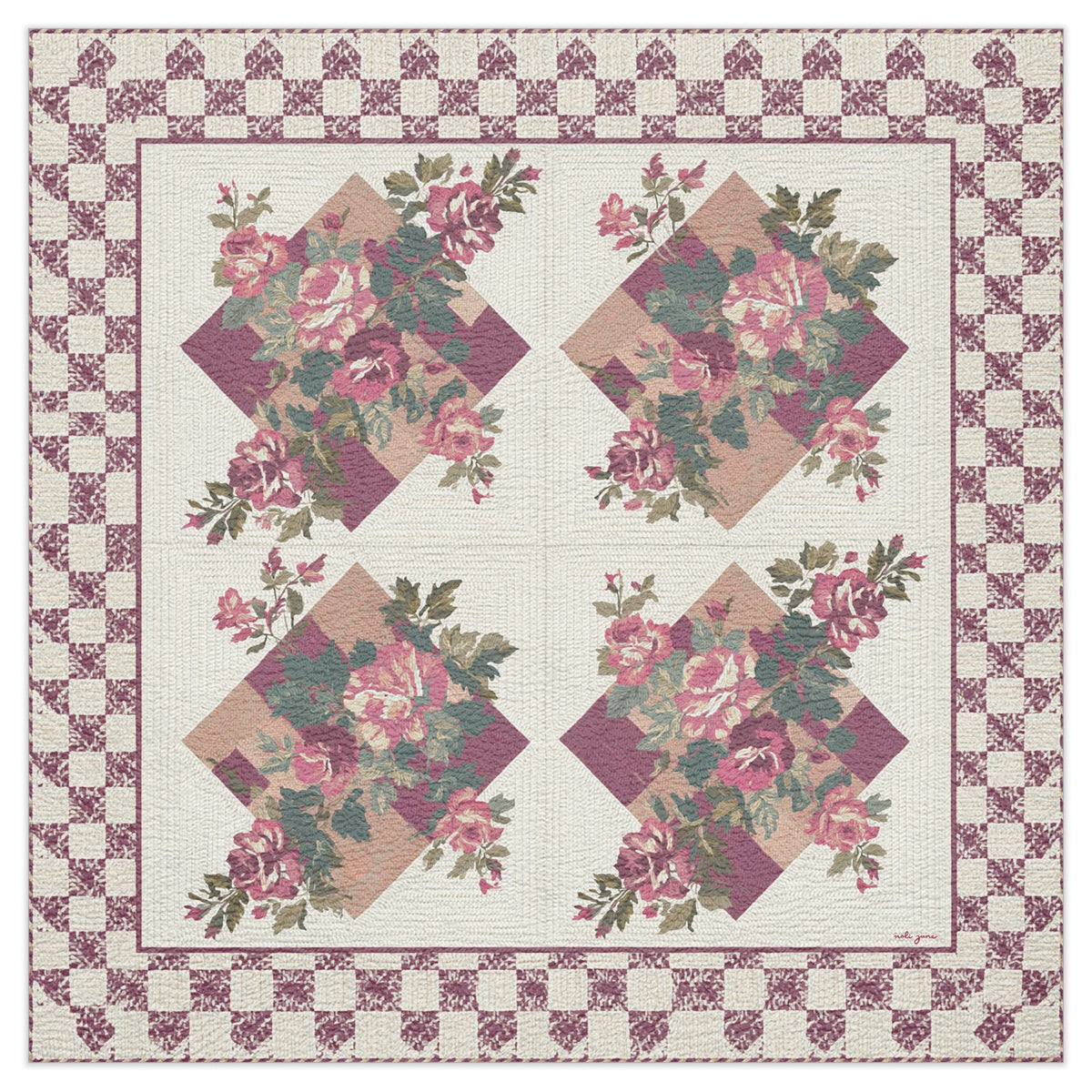 Noli June 'Lena Took Seven Months to Needlepoint a Pillow' luxury mahjong mat — wine-and-cream check with dusty cabbage roses