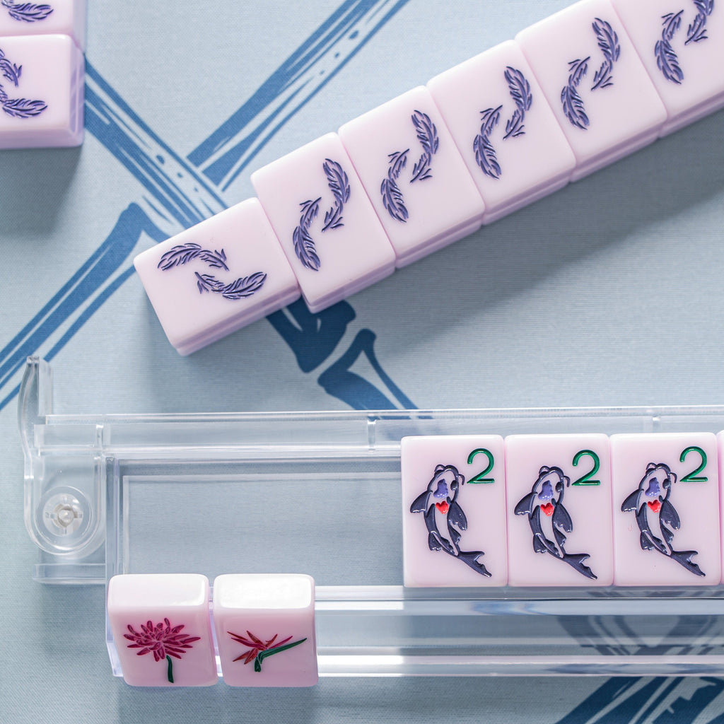 Polished Pink mahjong tiles, wine and mahjong — square