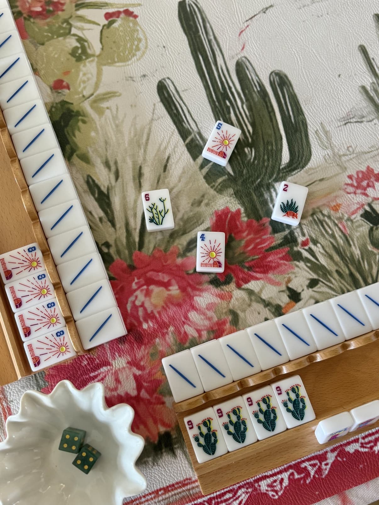 Rochelle mahjong mat styled with racks and tiles
