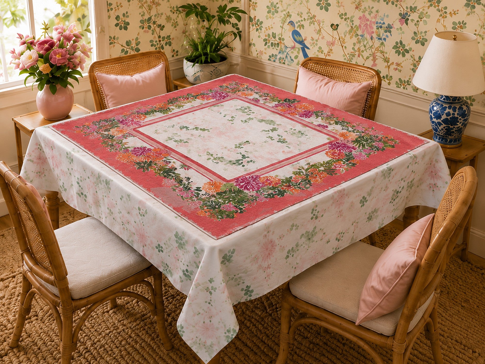 Harriet's Weekly Bouquet tablecloth — coral border with magenta dahlias and marigolds styled in a dining room. NOLI JUNE coordinating tablecloth.