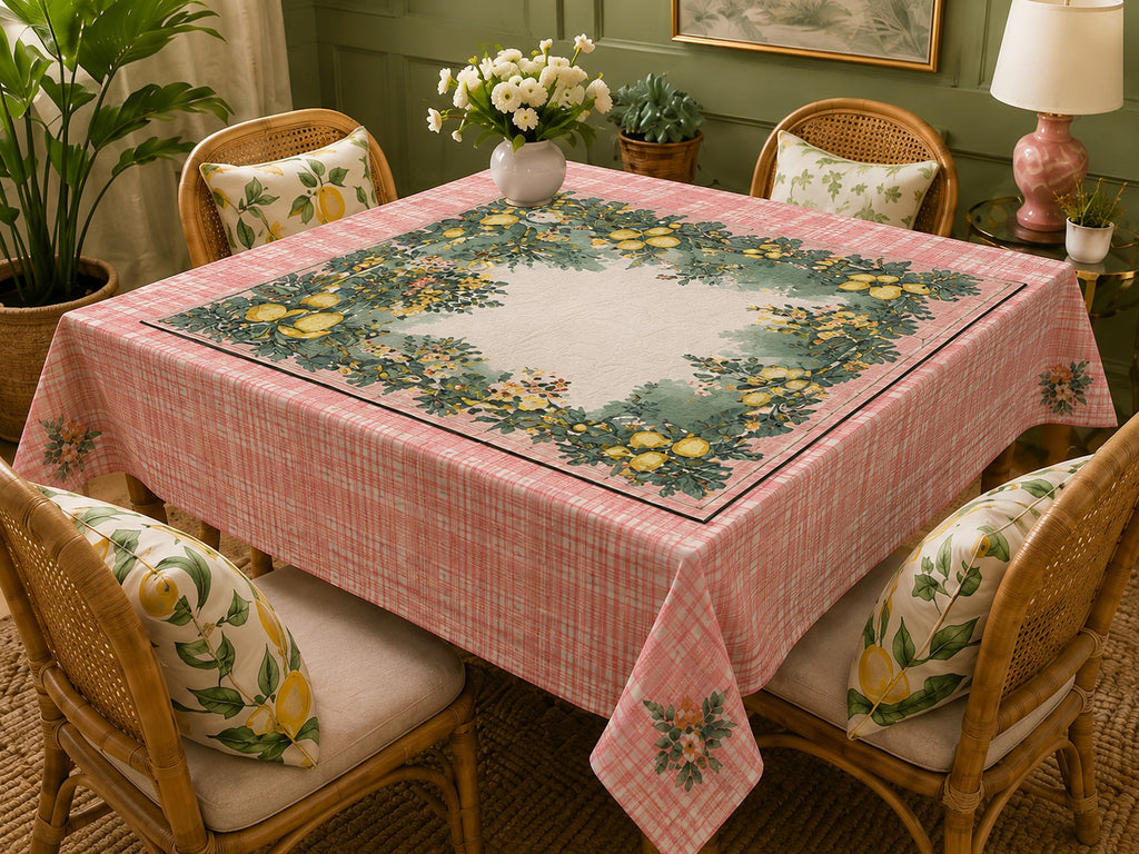 Lena Never Shows Her Hand tablecloth — lemons and pink-plaid border styled on a dining table. NOLI JUNE coordinating tablecloth.