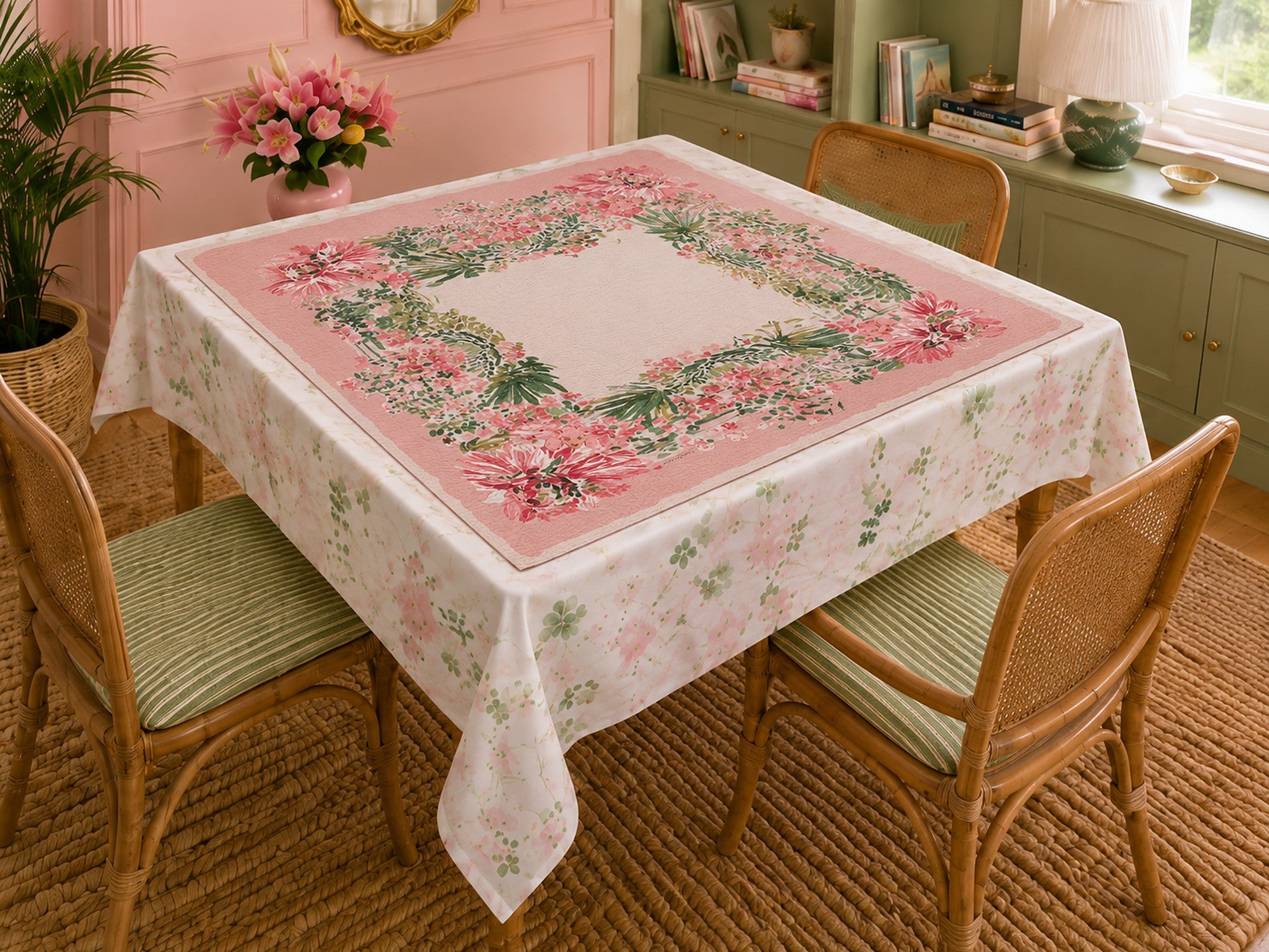 Sue Puts Out The Good China tablecloth — soft pink peonies and painterly florals styled in a dining room. NOLI JUNE coordinating tablecloth.