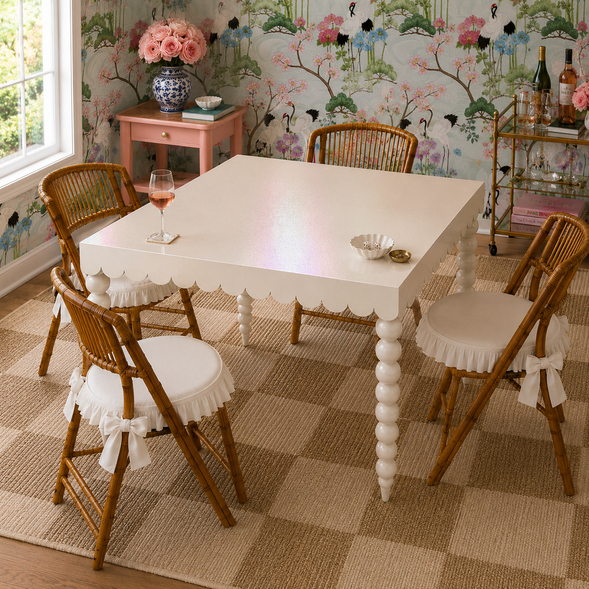 Sue Adores a Scallop mahjong table set for play with rattan folding chairs